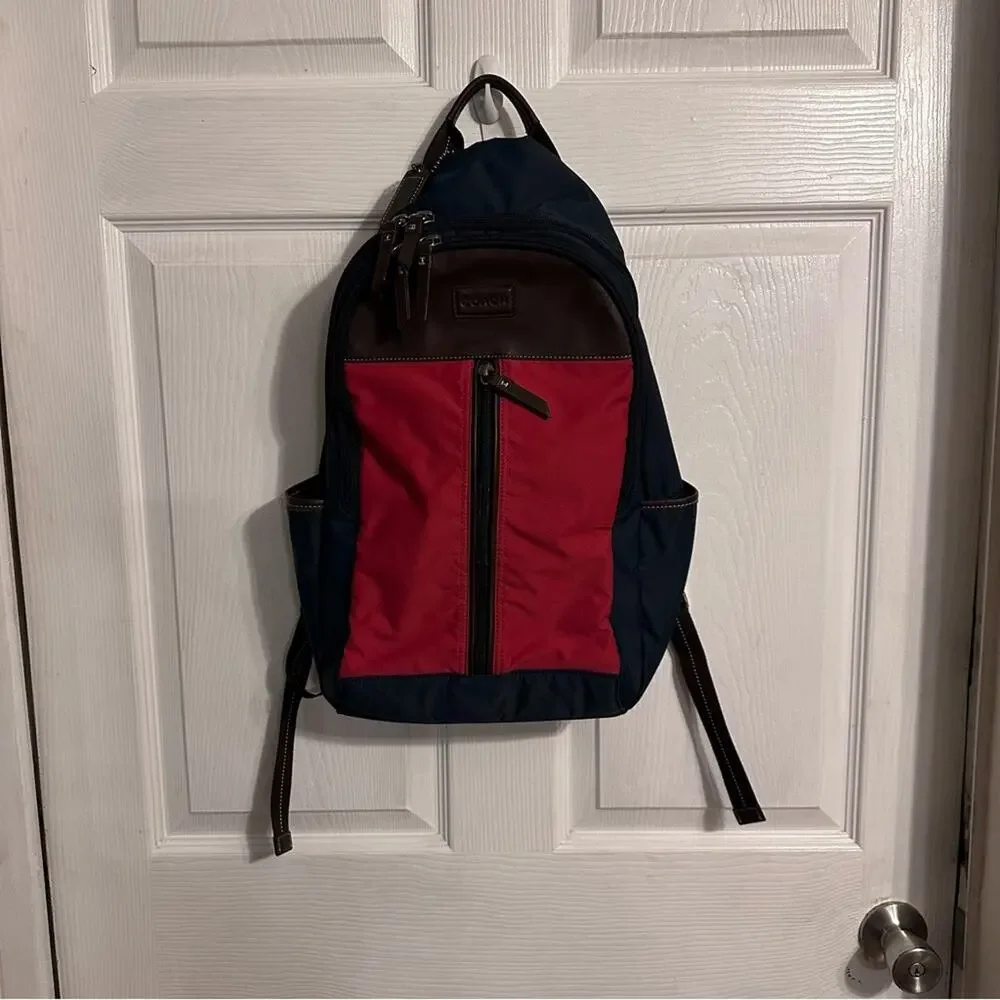 Coach Unisex Canvas Laptop Backpack in Red and Navy